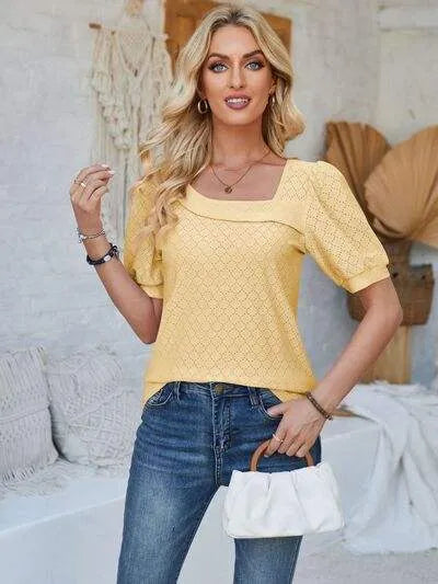 Eyelet Asymmetrical Neck Short Sleeve T-Shirt Butter Yellow Women's T-Shirts - Tophatter Daily Deals